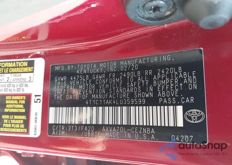 2020 Toyota Camry Le from USA, damaged, VIN 4T1C11AK4LU359599